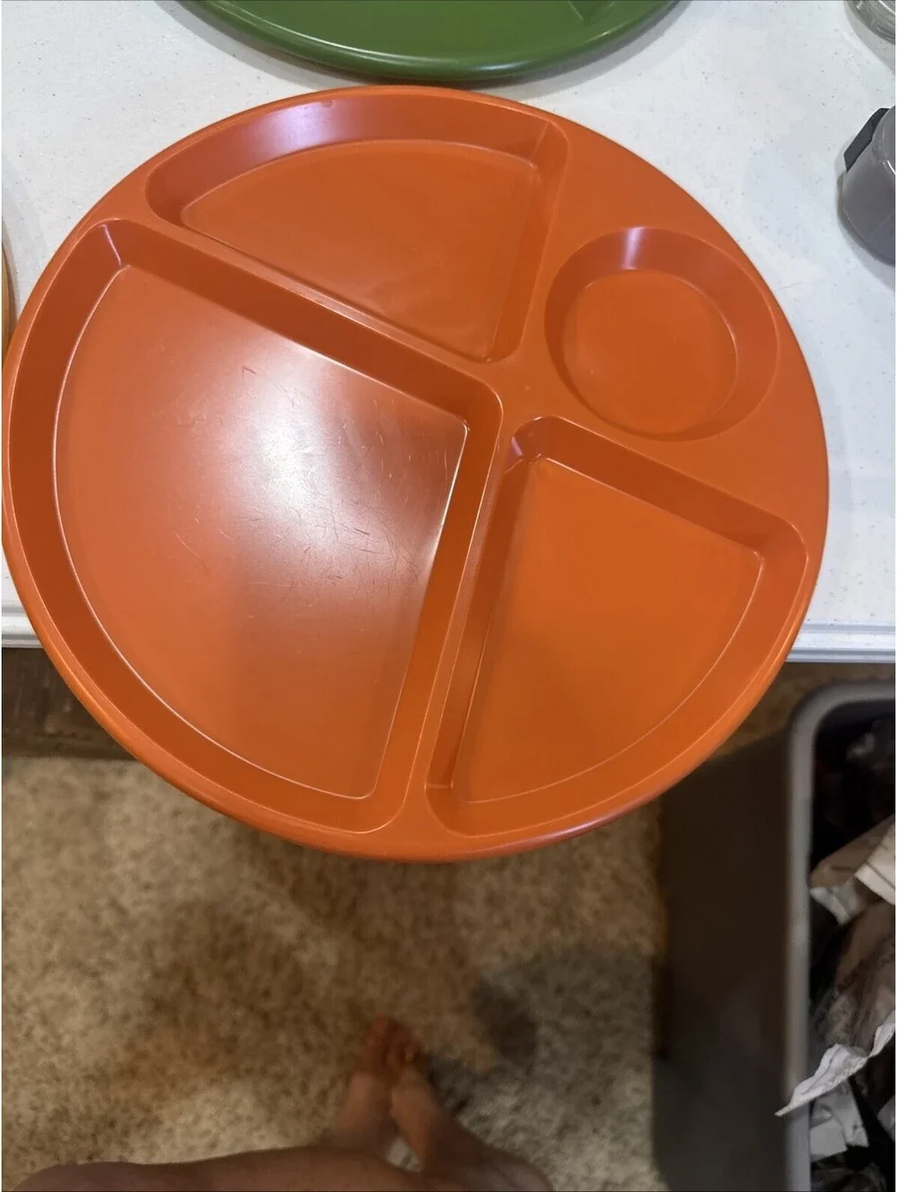 Vintage 80s plastic sectioned  plates retro orange green yellow cream set of 4